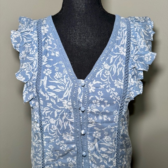 Lucky Brand Lace Trim Ruffle Shoulder Flounce Floral Mini Dress blue size XS‎ - Picture 2 of 6